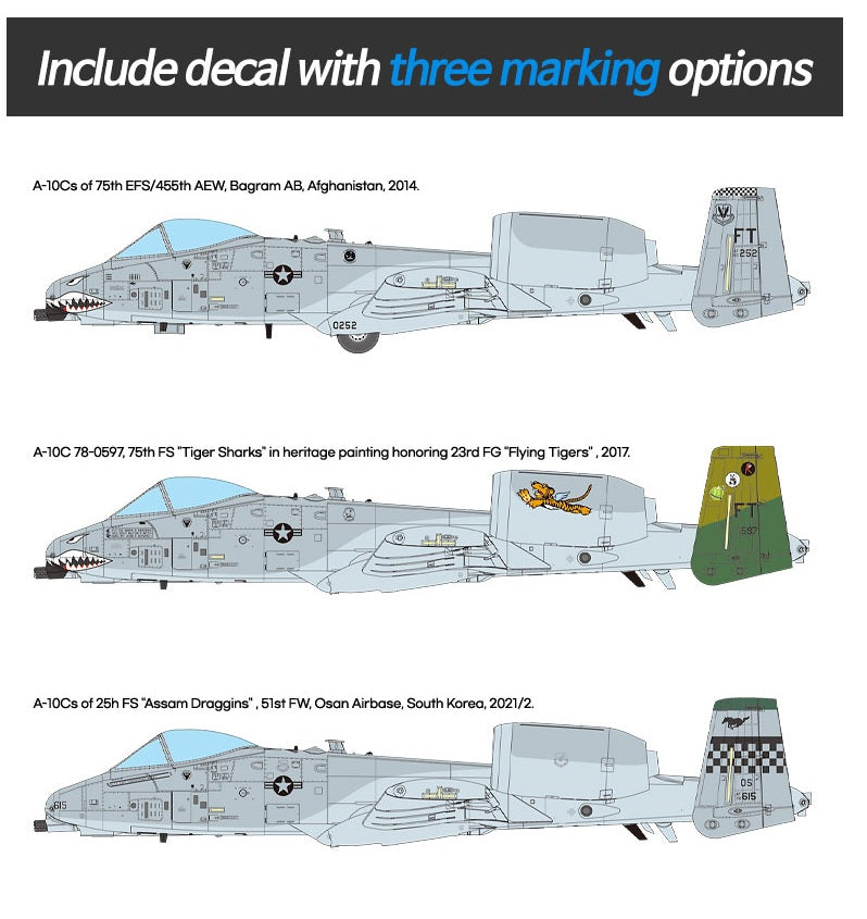 Three A-10C aircraft decals with different markings on a white background.