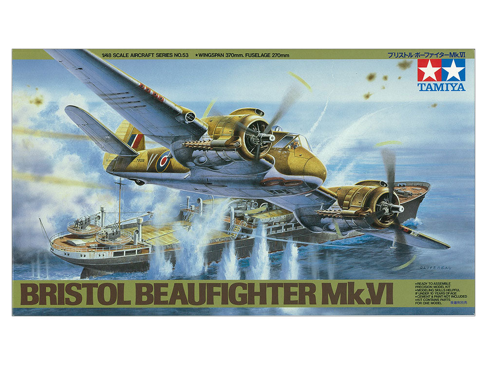 Model airplane kit box for Bristol Beaufighter Mk.VI by Tamiya on a white background