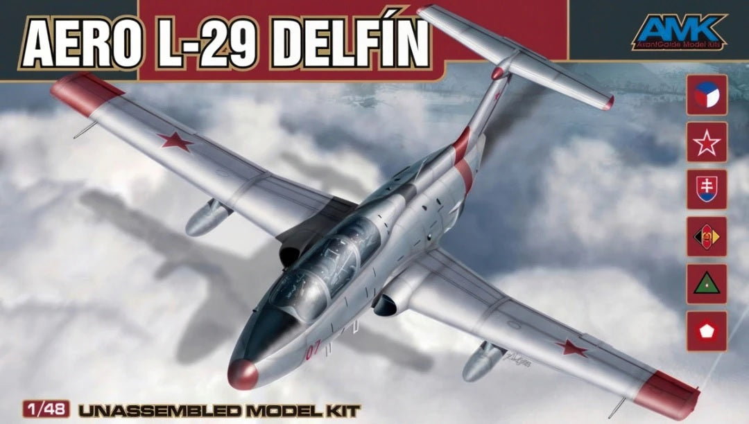Model kit of Aero L-29 Delfin airplane with AMK branding on a red and gray background