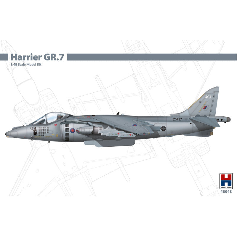 Harrier GR.7 model kit on a white background with a grid pattern