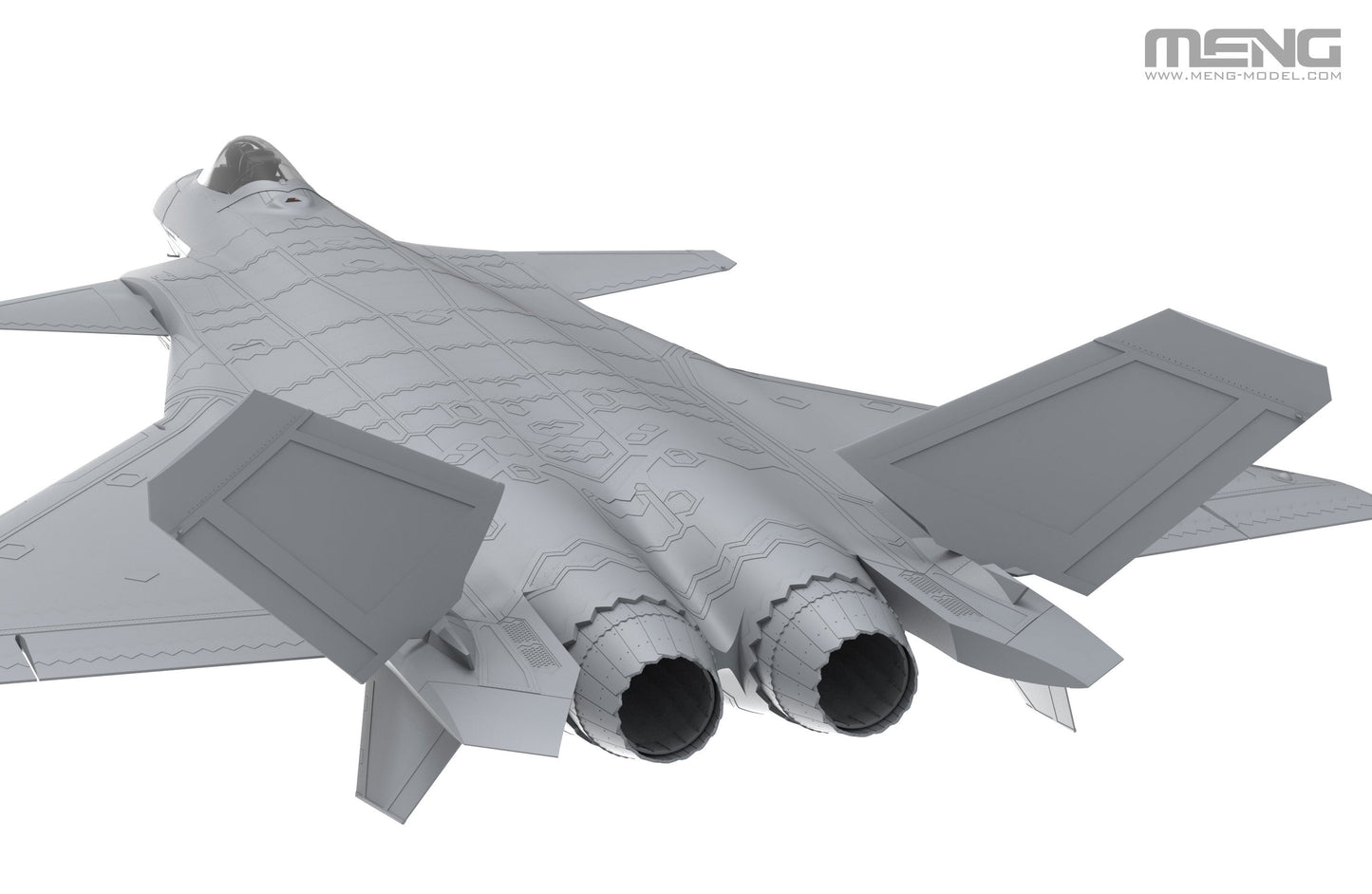 Gray fighter jet model on a white background with 'MENG' branding.