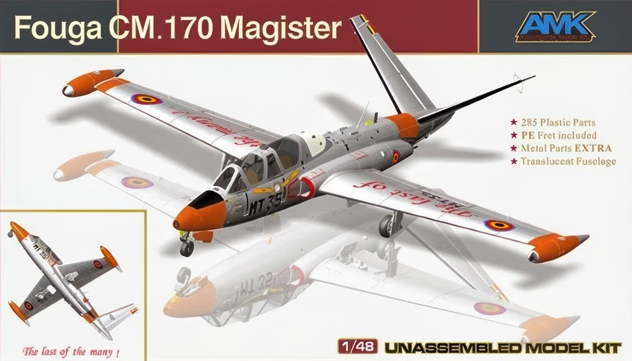 Model kit of a Fouga CM.170 Magister aircraft with AMK branding on a gray background.