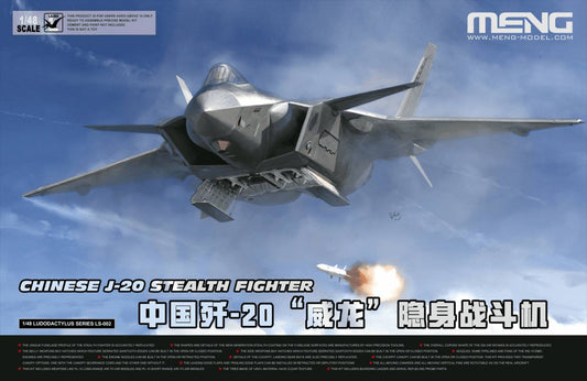 Model of a Chinese J-20 stealth fighter against a blue sky background