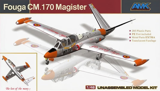 Model kit of a Fouga CM.170 Magister aircraft with AMK branding on a gray background.