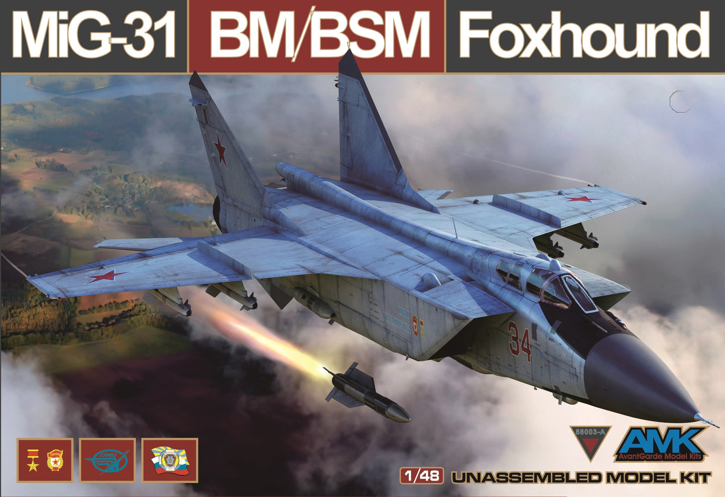 Model kit box for MiG-31 BM/BSM Foxhound aircraft with a jet in flight on a cloudy sky background.