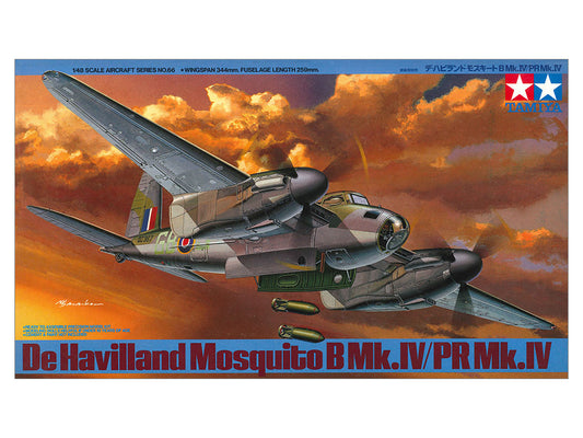Model airplane kit box for De Havilland Mosquito B Mk.IV/PR Mk.IV with a sunset sky background.