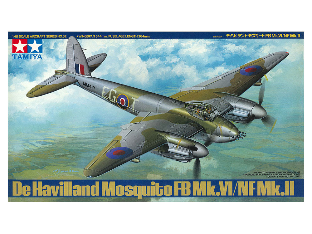 Model airplane kit box for De Havilland Mosquito FB Mk.VI/NF Mk.II by Tamiya with a blue sky and clouds background.
