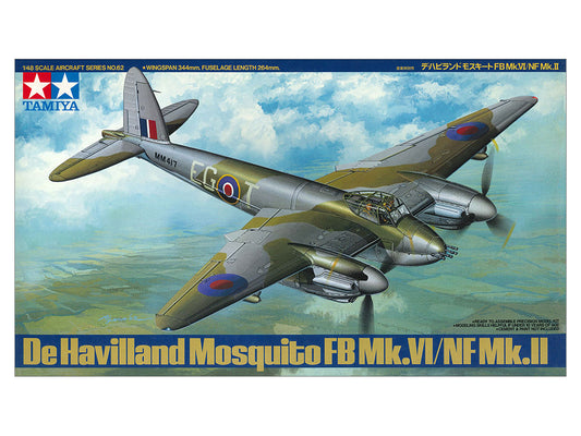 Model airplane kit box for De Havilland Mosquito FB Mk.VI/NF Mk.II by Tamiya with a blue sky and clouds background.